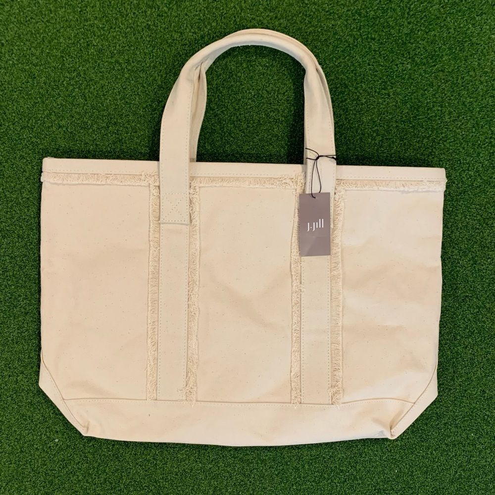 NWT J. Jill Women's Fringe-Trimmed Canvas Tote Bag Natural Cream 100% Cotton